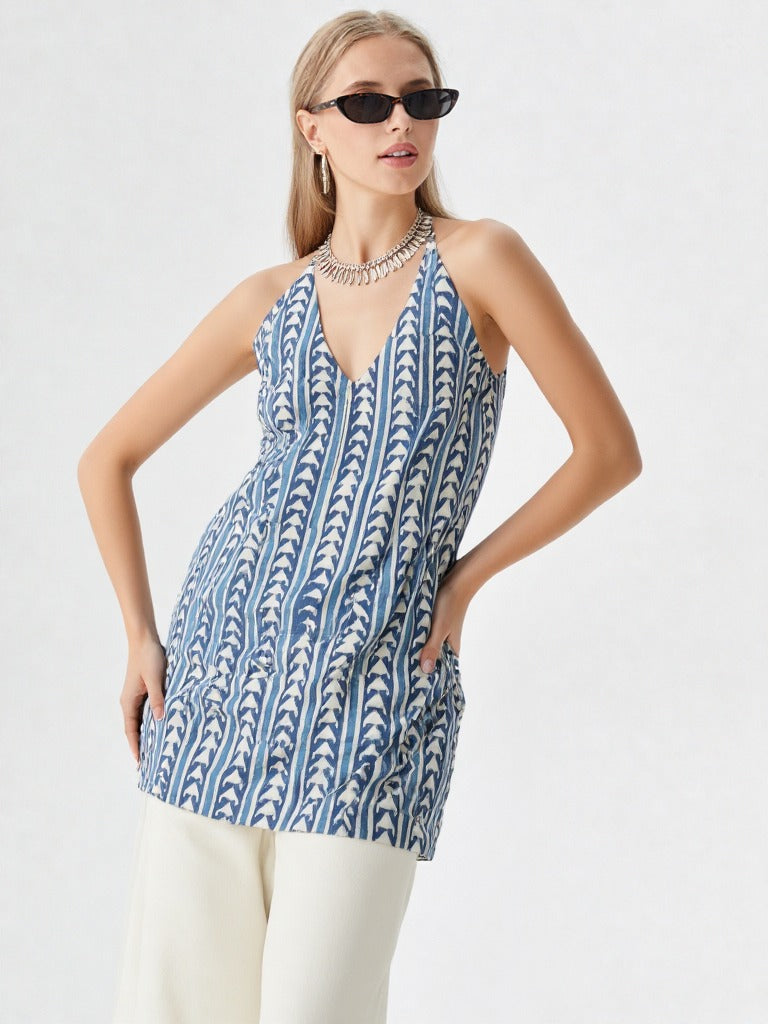 Blue Backless Halter neck short Kurti