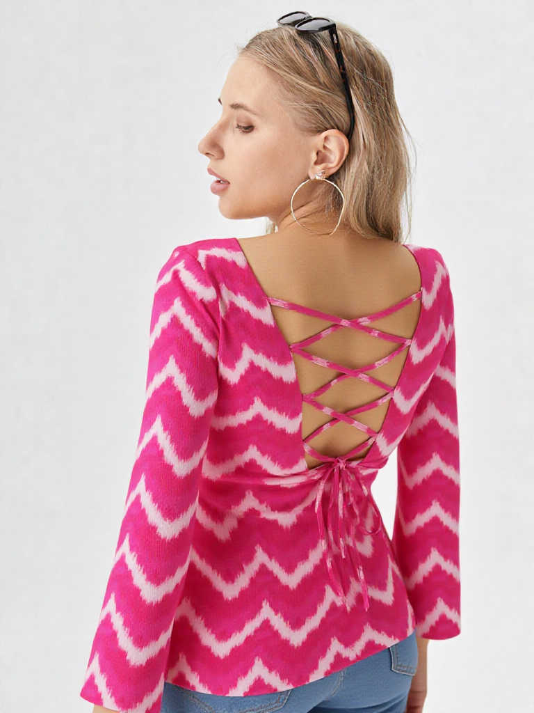 Pink Tie-Dye Rayon Short Kurti with Bell Sleeves & Square Neck