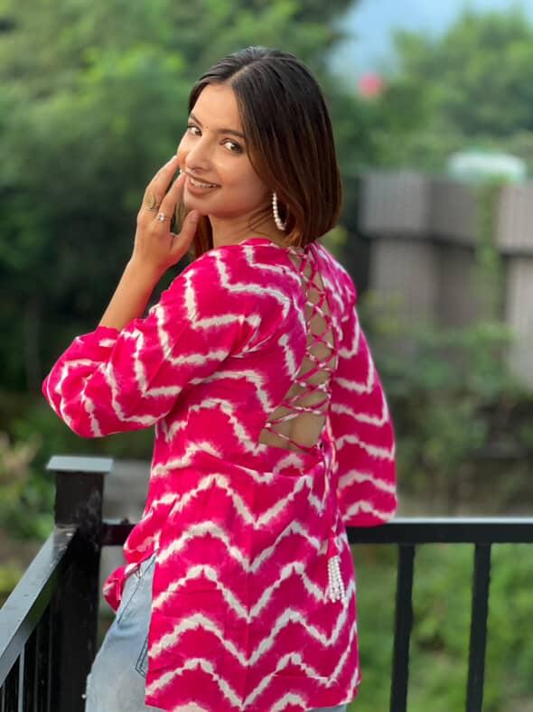 Pink Tie-Dye Rayon Short Kurti with Bell Sleeves & Square Neck