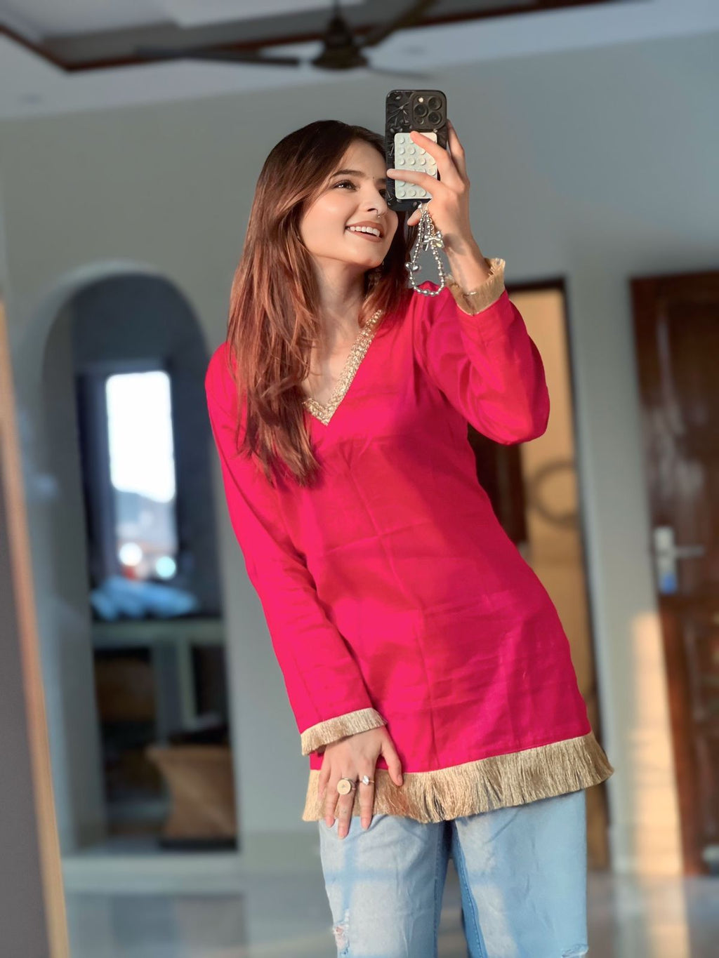 Pink V-Neck Short Kurti with Gold Fringe
