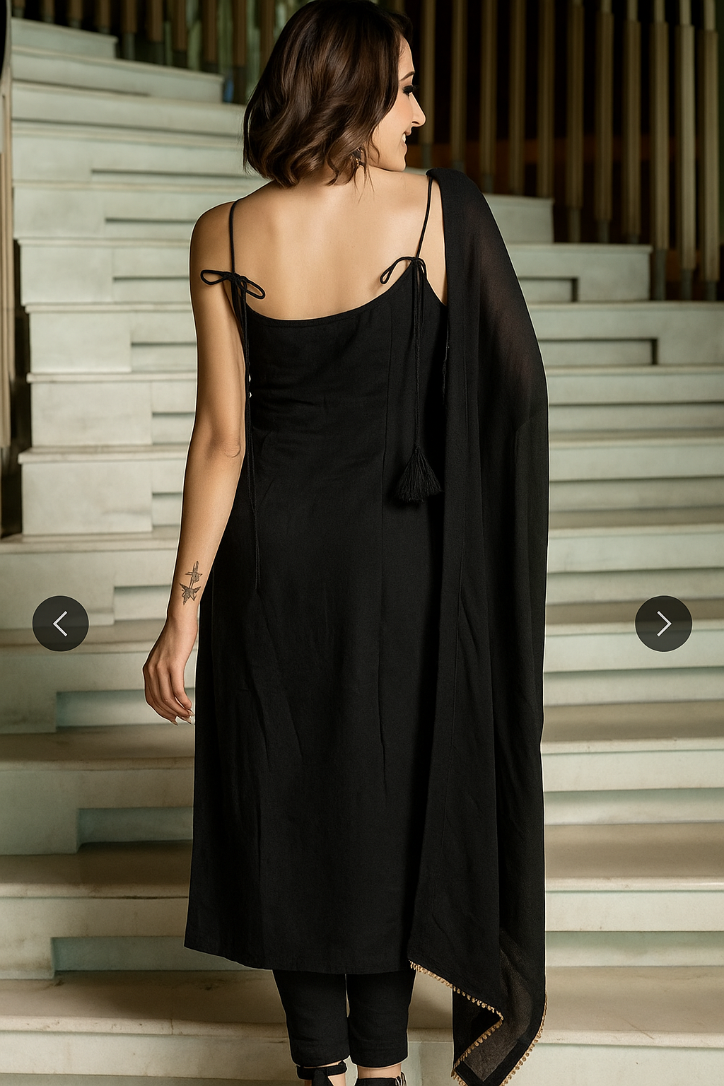 Strappy Long Kurta Set – Solid Black
