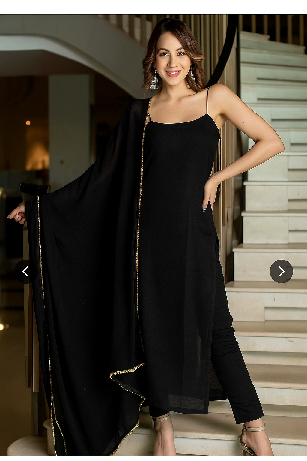 Strappy Long Kurta Set – Solid Black