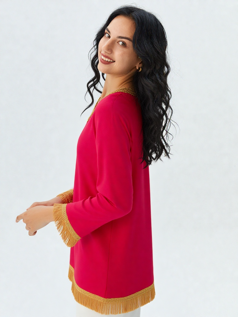 Pink V-Neck Short Kurti with Gold Fringe