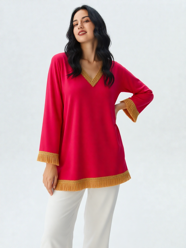 Pink V-Neck Short Kurti with Gold Fringe